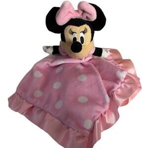 Disney Baby Minnie Mouse Pink Lovey Security Blanket Polka Dot Satin Trim Lovie